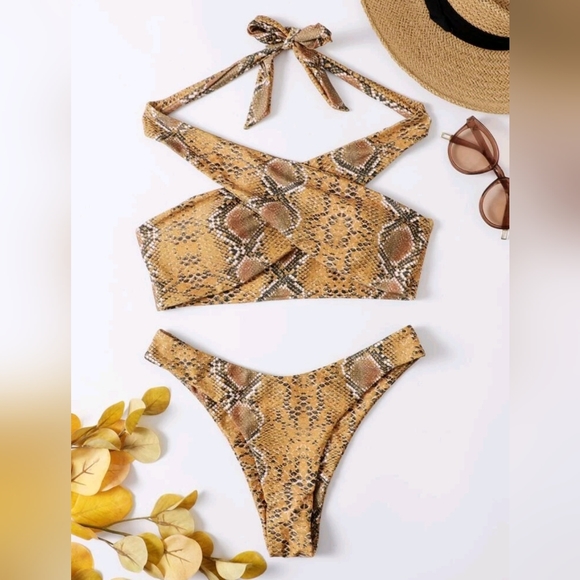 Snakeskin Print Cross Halter Bikini Size S - Picture 3 of 7